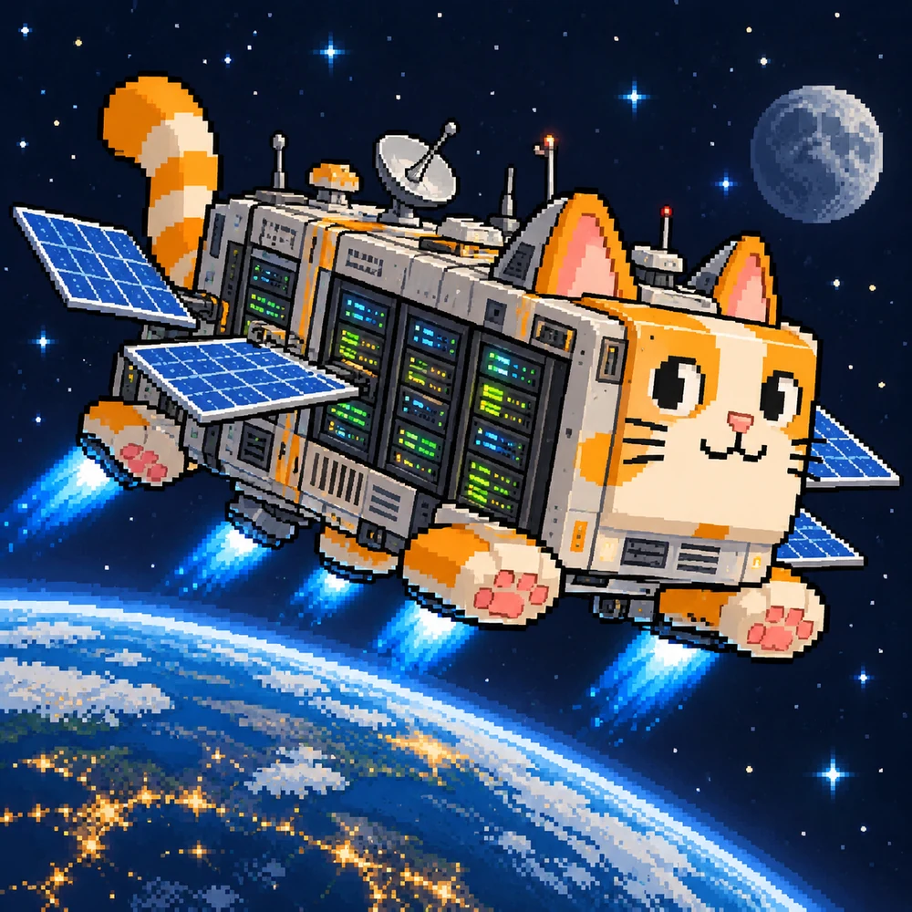 an orange cat that is also a space station, flying over the night side of earth with solar panels for ears and thrusters for paws